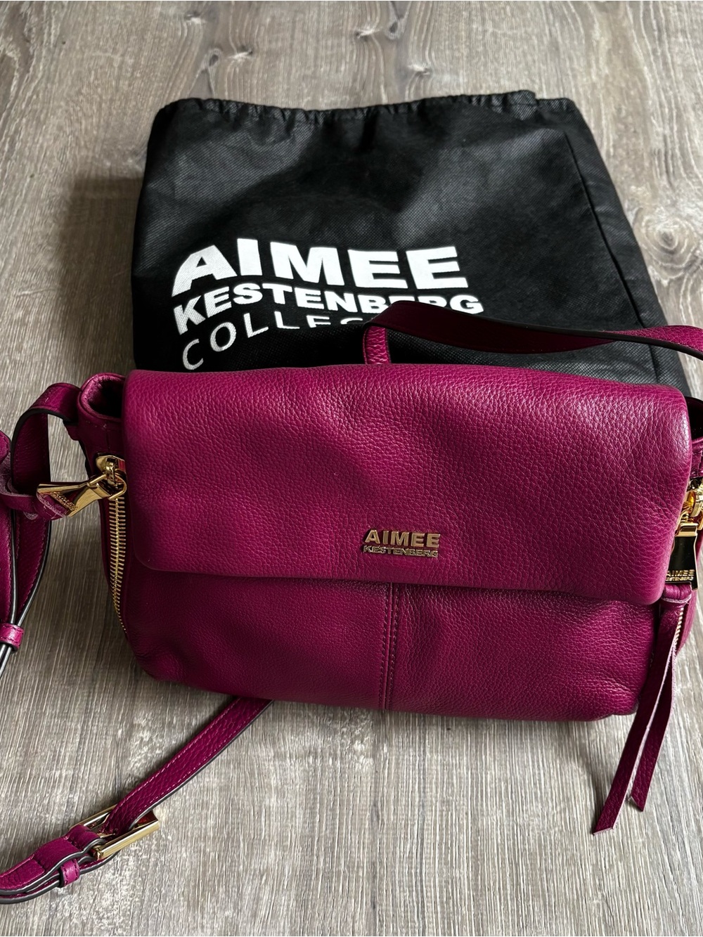 Aimee Kestenberg NEW Magenta Pebbled Leather Crossbody with Gold Hardware
